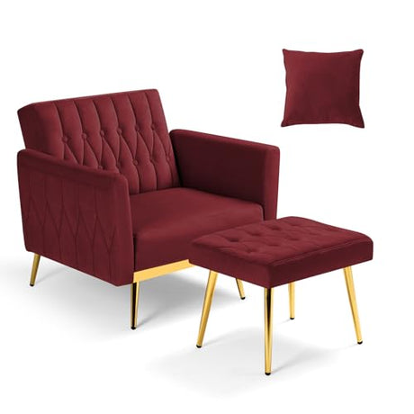 ACMEASE Velvet Accent Chair with Adjustable Armrests and Backrest, Button Tufted Lounge Chair, Single Recliner Armchair with Ottoman and Pillow for Living Room, Bedroom, Red ACMEASE