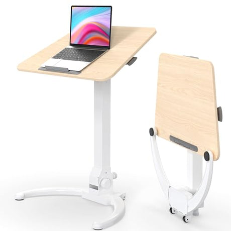 JOY worker Foldable Mobile Standing Desk, Pneumatic Height Adjustable Sit Stand Desk, 90° Tiltable Rolling Laptop Desk, Portable Cart with Wheels Non-Slip Mat for Home Office, Holds Up to 22lbs JOY worker