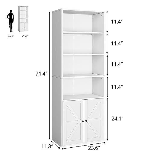 White Industrial Bookcase with Doors - 71.4in Tall Farmhouse Wooden Bookshelves by IDEALHOUSE