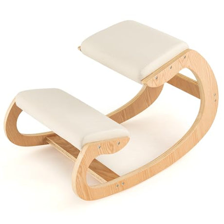 FIREFLOWERY Ergonomic Kneeling Chair, Wooden Posture Chair W/Extra Padding for Back Neck Pain Relief & Improving Posture, Rocking Meditation Stool W/Knee Support for Home Office (Beige) FIREFLOWERY