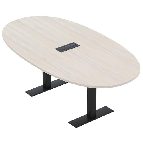 6 Person Oval Boat shaped Conference Table with Power And Data | Matte Black Metal T-Bases | Harmony Series Office Meeting Room Table | Scratch-Resistant Laminate | Made in USA | Lakeland Salt - 7ft SKUTCHI DESIGNS INC.