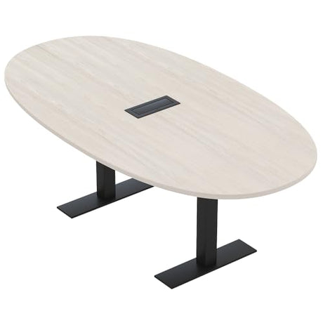 6 Person Oval Boat shaped Conference Table with Power And Data | Matte Black Metal T-Bases | Harmony Series Office Meeting Room Table | Scratch-Resistant Laminate | Made in USA | Lakeland Salt - 7ft SKUTCHI DESIGNS INC.
