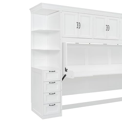 Ball & Cast Twin Size Murphy Bed with Wardrobe and 3 Top Cabinet,Wood Hideaway Wall Beds w/Desk & Storage Drawers,Dual-Piston Metal Folding System Cabinets,can be Folded,for Small Room,White Ball & Cast