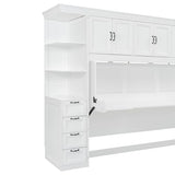 Ball & Cast Twin Size Murphy Bed with Wardrobe and 3 Top Cabinet,Wood Hideaway Wall Beds w/Desk & Storage Drawers,Dual-Piston Metal Folding System Cabinets,can be Folded,for Small Room,White Ball & Cast