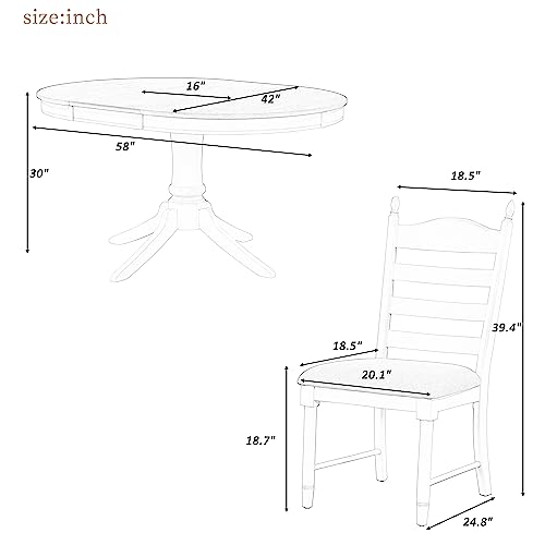 Dinehome 5-Piece Wooden Round Extendable Dining Table and 4 Upholstered Chairs Set for Kitchen Living Room, Retro Style, Off White - WoodArtSupply