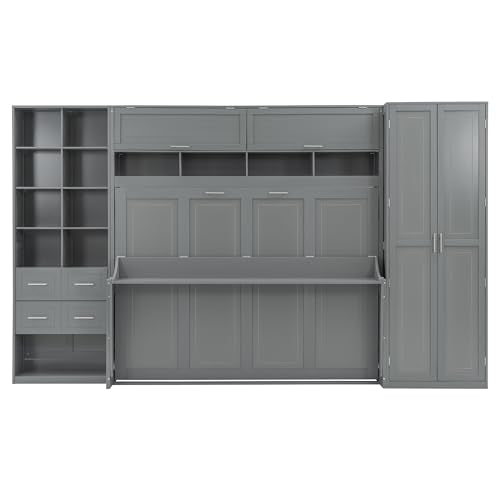 Merax Queen Murphy Bed with Tall 90.6" Closet Wardrobe & Shelves & Drawers, All-in-One Multi-Storage Side Flip Wood MDF Murphy Cabinet Bed Desk, Open/Close Hydraulically (Gray) Merax