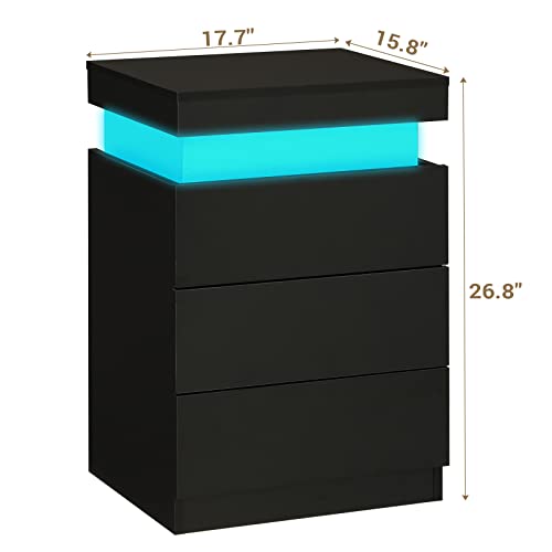 ADORNEVE Nightstand with Charging Station and LED Lights,Night Stand with Sliding Top,Bedside Table with Drawers,Modern End Side Table for Bedroom,Black ADORNEVE