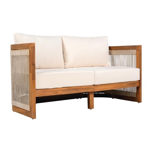 Merax 4-Piece Patio Premium Acacia Wood Outdoor Furniture Set,All Weather Curved Tub Design with Woven Rope Accents Loveseat Chairs and Table for Backyard, Balcony and Deck,Teak+ Beige Merax