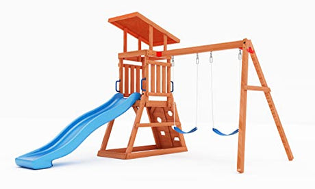 Dolphin Playground Wooden Swing Sets for Backyard with 6FT Slide, Outdoor Playset for Kids with Sand Pit, Climbing Wall, and 2 Belt Swings, Heavy Duty Playground Accessories, Ages 2-9 DOLPHIN PLAYGROUND T