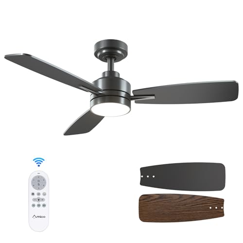 Amico Ceiling Fans with Lights, 44 inch Ceiling Fan with Light and Remote Control, Reversible, 3CCT, Dimmable, Noiseless, Small Black Ceiling Fan for Bedroom, Indoor/Outdoor Use Amico