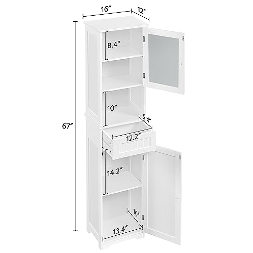 Yaheetech 67" Tall White Bathroom Storage Cabinet with Glass Door and Adjustable Shelves - WoodArtSupply