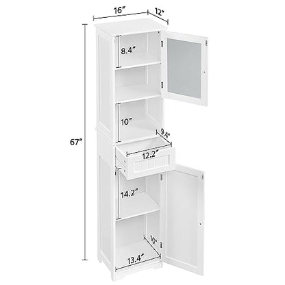 Yaheetech 67" Tall White Bathroom Storage Cabinet with Glass Door and Adjustable Shelves - WoodArtSupply