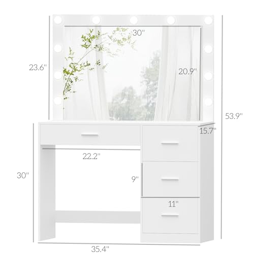 Irontar Makeup Vanity Table, Makeup Table with Large Mirror and 11 LED Lights, Brightness Adjustable, Dressing Table Desk with 4 Drawers, Vanity Desk for Girls, Women, White WDT002W Irontar