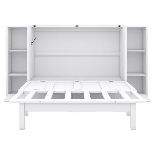 Ball & Cast Full Size Murphy Bed,Cabinet Hideaway with Shelves and Drawers,Wood Wall Bed can be Folded w/USB Ports,Easy Assembly,Platform Bedframe for Kids Bedroom,Student Dorms,White Ball & Cast