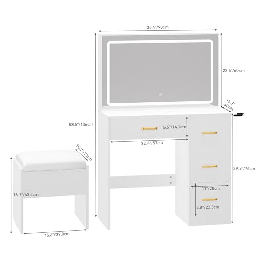 DWVO Makeup Vanity Desk with Large Lighted Mirror with Power Outlet and LED Strip, 3 Color Lighting Modes with Adjustable Brightness, 4 Drawer Vanity Table with Cushioned Stool, Milky-White DWVO