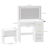 DWVO Makeup Vanity Desk with Large Lighted Mirror with Power Outlet and LED Strip, 3 Color Lighting Modes with Adjustable Brightness, 4 Drawer Vanity Table with Cushioned Stool, Milky-White DWVO