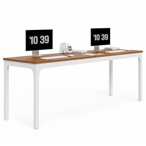 LITTLE TREE 78.7-Inch Ultra Long Double Desk, Writing Gaming Work Computer Two-Person Desk for Home Office, Walnut + White LITTLE TREE