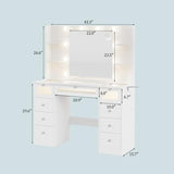VQRhome White Vanity with Lighted 23.5” Mirror, Glass Top Vanity Desk with 9 Drawers & 3 Color Hollywood Bulbs & 4 Shelves & Acrylic & Power Outlet, Makeup Desk Dressing Table for Bedroom VQRhome