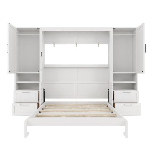 Bellemave Queen Size Murphy Bed with Closet, Wall Bed with Drawers and Shelves, Folding Cabinet Bed with Desk for Home Office, Studio, White Bellemave