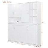 SOFTSEA Twin Murphy Bed with Storage Bookcase and Shelves, Space-Saving Horizontal Wall Bed with LED Light & Charging Stations for Small Spaces, Living Room, Guest Room, Bedroom, Office, White SOFTSEA