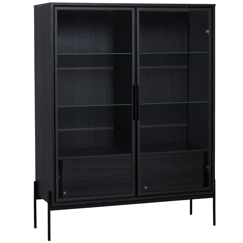 Virubi 51.2'' Display Cabinet with Glass Doors, Drawers and LED Light, Wood Curio Display Case with Storage and 4-Tier Adjustable Shelves, for Living Room, Office, Freestanding (Black) Virubi