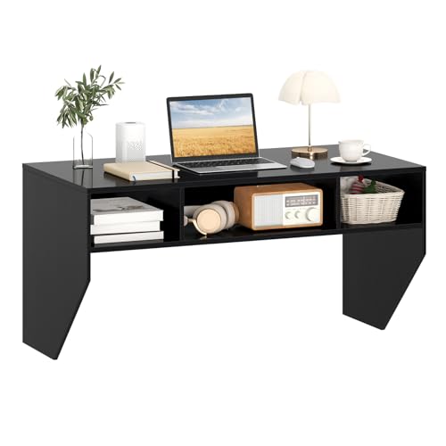 Giantex Wall-Mounted Computer Desk, Floating Laptop Desk with 3 Storage Compartments, Space-Saving Home Office Workstation Vanity Table for Bedroom, Study, Living Room (Black) Giantex