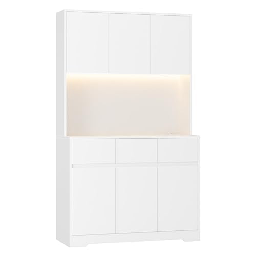finetones 71'' Tall Kitchen Pantry Storage Cabinet with Power Outlets and Led Lights, Large Kitchen Hutch Buffet Cabinet with Microwave Stand, Pantry Cabinet Kitchen Cabinet with Buffet Cupboard finetones