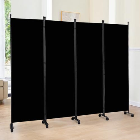 Room Divider 6FT Room Partition with Lockable Wheels, (Thicked Metal Base) Room Dividers, Freestanding Indoor Folding Privacy Screens, Portable Fabric Wall Divider for (Black, 88"- 4 Panel) JVVMNJLK