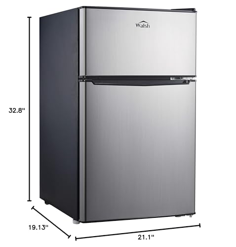 Walsh Compact Retro Refrigerator, Dual Door Mini Fridge, Energy Efficient, Adjustable Mechanical Thermostat with Freezer, Reversible Doors with leveling Front Legs, 3.1 Cu Ft, Stainless Steel Walsh