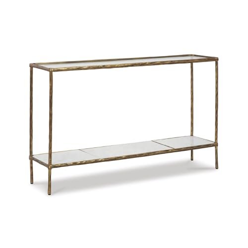 Signature Design by Ashley Ryandale Console Sofa Table, Glass Tabletop, White Marble Lower Shelf, Sand Casted Aluminum, 52" W x 12.5" D x 32.75" H, Antique Brass Finish Signature Design by Ashley
