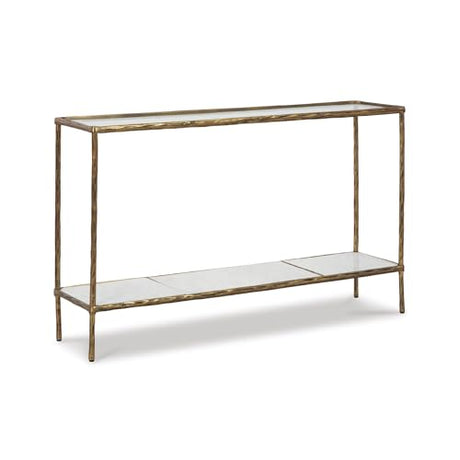 Signature Design by Ashley Ryandale Console Sofa Table, Glass Tabletop, White Marble Lower Shelf, Sand Casted Aluminum, 52" W x 12.5" D x 32.75" H, Antique Brass Finish Signature Design by Ashley
