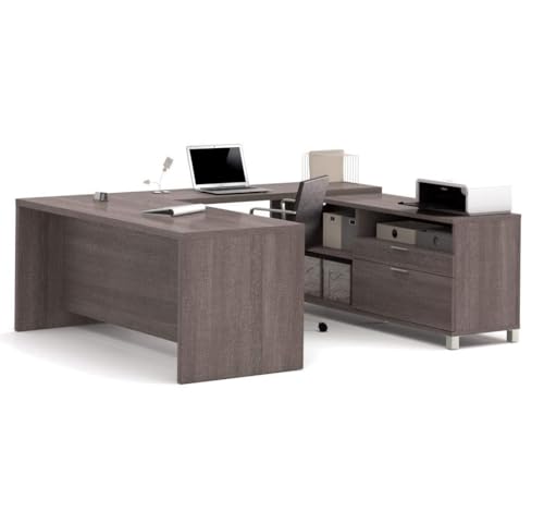 BOWERY HILL U-Shaped Computer Desk, Bark Gray Finish, 1.5" Commercial Grade Work Surface with Melamine, PVC Edge, Square Metal Legs, Adjustable Shelves, Reversible Design, 71.1" W x 89" D, Home BOWERY HILL