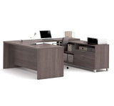 BOWERY HILL U-Shaped Computer Desk, Bark Gray Finish, 1.5" Commercial Grade Work Surface with Melamine, PVC Edge, Square Metal Legs, Adjustable Shelves, Reversible Design, 71.1" W x 89" D, Home BOWERY HILL