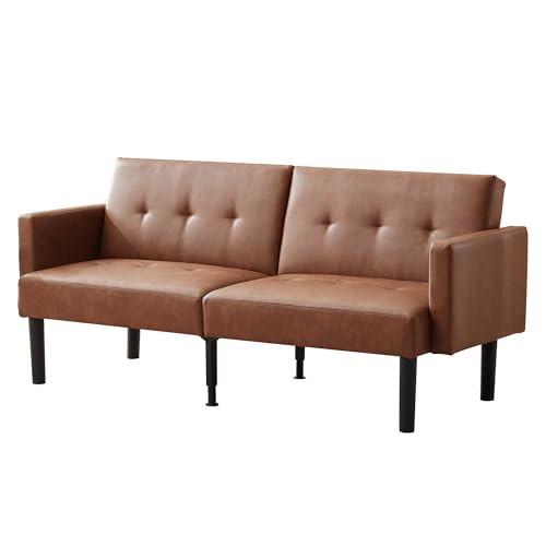 75.5” Convertible Futon Sofa Bed, PU Leather Small Couch Sofa with Wood Legs & 700lbs Capacity, Adjustable Folding Loveseat, Mid Century Modern Futon Couch, Cozy Couches for Living Room - Brown Amenitlif
