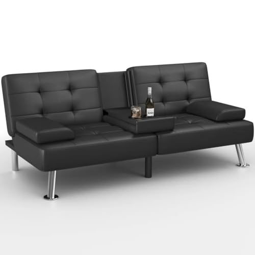 GUNJI Multi-Functional Faux Leather Futon Sofa Bed with Removable Armrests and Adjustable Sleeper Function, Double Cup Holder Design, Suitable for Living Room GUNJI