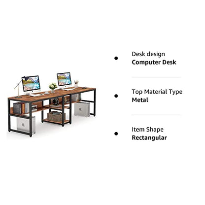 Tribesigns Rustic Brown Two-Person Double Desk with Bookshelf for Home Office - WoodArtSupply