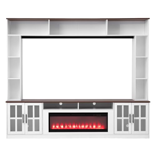 Hlcodca 95.5" W Wall Unit Entertainment Center with Bookshelves for TVs up to 80", Modern TV Stand Media Console with Electric Fireplace Cabinets, Adjustable Shelves for Living Room (White+Walnut/F) Hlcodca