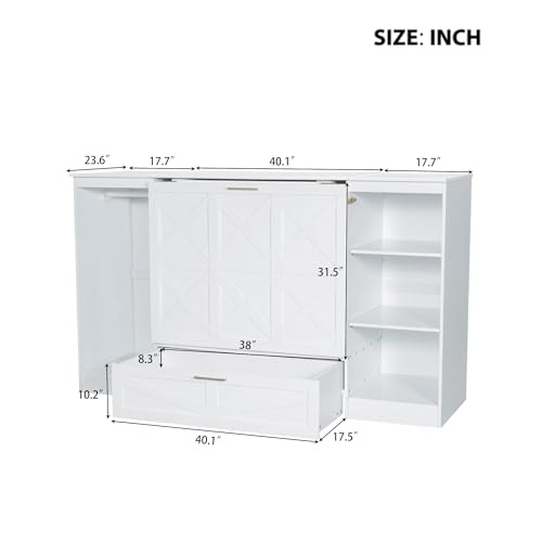 Ball & Cast Murphy Bed Twin Size Wall Chest with Bedside Shelves and Wardrobe,Wood Hideaway Cabinet Platform Bedframe w/Drawer & Bookcase,can be Folded,Space-Saving,for Small Room,Dorms,White Ball & Cast