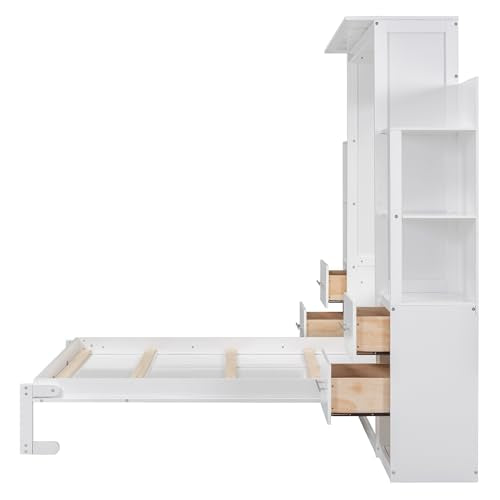 Ball & Cast Murphy Bed Cabinet Full Size,Wall Hideaway Bed with Shelves,can be Folded,Wood Foldable Frame W/Drawers and LED Lights,Slat Support,for for Apartment,Bedroom,White Ball & Cast