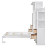 Ball & Cast Murphy Bed Cabinet Full Size,Wall Hideaway Bed with Shelves,can be Folded,Wood Foldable Frame W/Drawers and LED Lights,Slat Support,for for Apartment,Bedroom,White Ball & Cast