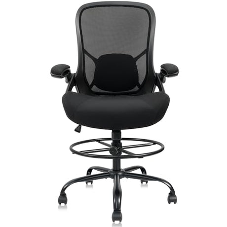 HYLONE 400lbs Big and Tall Heavy Duty Drafting Chair 5" Thickened Seat Tall Office Chair Flip-Up Armrests Ergonomic Chair with Lumbar Support and Adjustable Footrest Ring Standing Desk Chair (Black) HYLONE