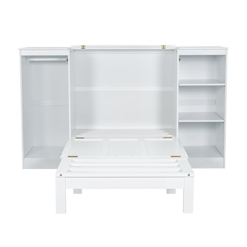 Ball & Cast Murphy Bed Twin Size Wall Chest with Bedside Shelves and Wardrobe,Wood Hideaway Cabinet Platform Bedframe w/Drawer & Bookcase,can be Folded,Space-Saving,for Small Room,Dorms,White Ball & Cast