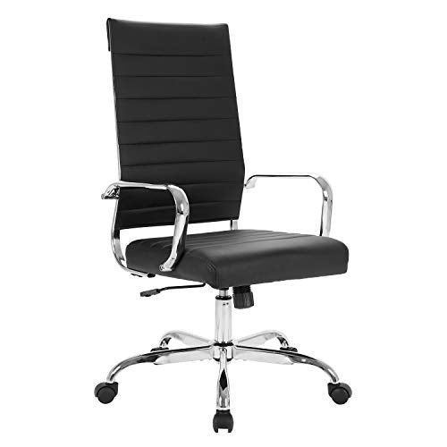 LANDSUN Home Office Chair Ribbed Leather High Back Executive Swivel Computer Desk Chairs with Wheels and Armrests Soft Padded Adjustable Height Modern Conference Task Black LANDSUN