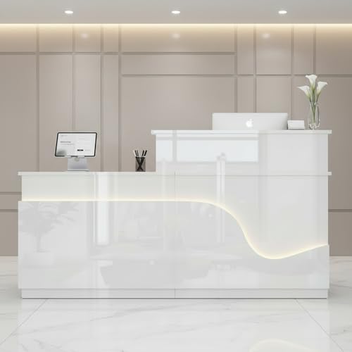Reception Desk with LED Lights, 71" White Glossy Front Desk Counter with Lockable Drawer & Cabinet, Modern Left-Side Higher Counter with Keyboard Tray, Reception Counter for Office, Salon and Lobby