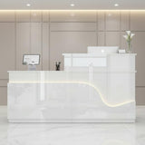 Reception Desk with LED Lights, 71" White Glossy Front Desk Counter with Lockable Drawer & Cabinet, Modern Left-Side Higher Counter with Keyboard Tray, Reception Counter for Office, Salon and Lobby
