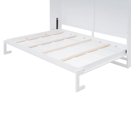 Merax Modern Farmhouse Solid Wood Murphy Bed Chest with Top Cabinets, Tall Wall Platform Bed Space Saving/Wood Slat Support Full,White Merax