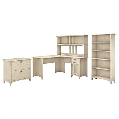 Bush Furniture Salinas 60W Antique White L Shaped Desk Set with Hutch, File Cabinet & Bookcase - WoodArtSupply