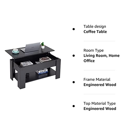 FDW Lift Top Coffee Table with Hidden Compartment and Storage Shelf Wooden Lift Tabletop for Home Living Room Reception Room Office (Black) FDW
