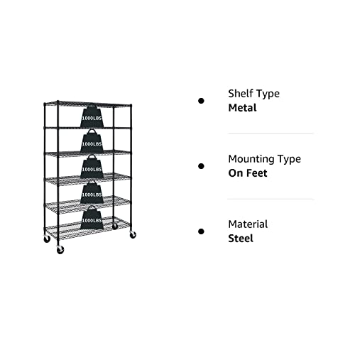 Garage Shelving, 78"x48"x18" Metal Shelves 6 Tier Wire Shelving Unit Adjustable Heavy Duty Sturdy Steel Shelving Rolling Cart with Casters for Pantry HCY