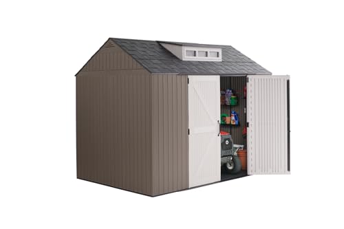 Rubbermaid Extra Large Resin Outdoor Storage Shed With Floor (7 x 10.5 Ft.) Weather Resistant Brown Organization for Home/Lawn Mower/Backyard Equipment/Bike Storage/Pool Supplies Rubbermaid